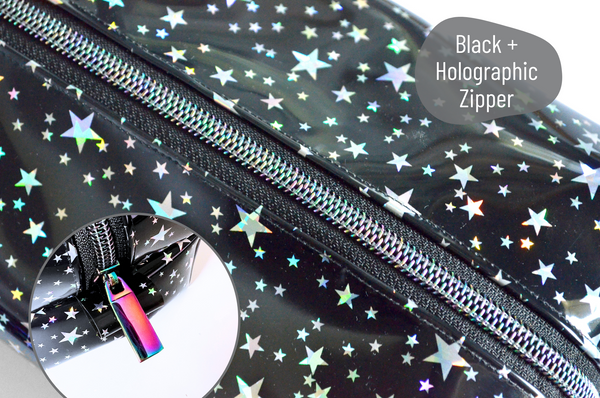 *Clear Vinyl* Black Holographic Stars Toiletry Bag