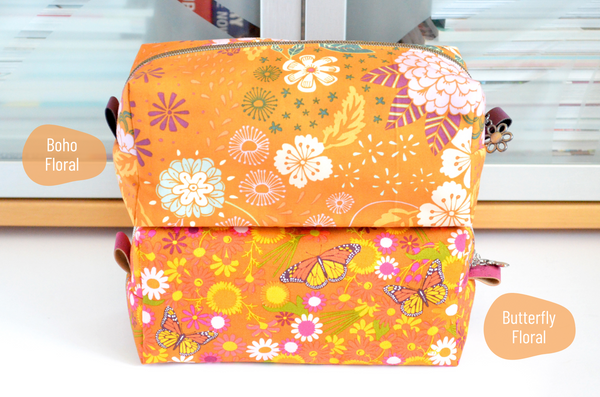 Orange Floral Butterfly Boxy Toiletry Bag