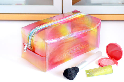 *Clear Vinyl* Red & Yellow Ombré Sparkle Boxy Toiletry Bag