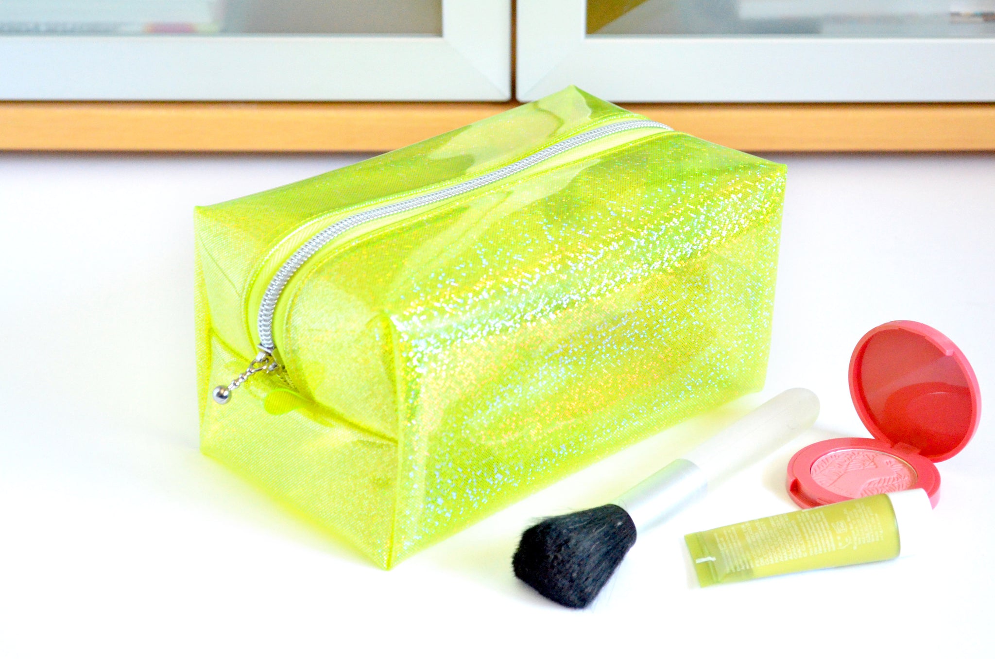 *Clear Vinyl* Lime Green Sparkle Boxy Toiletry Bag