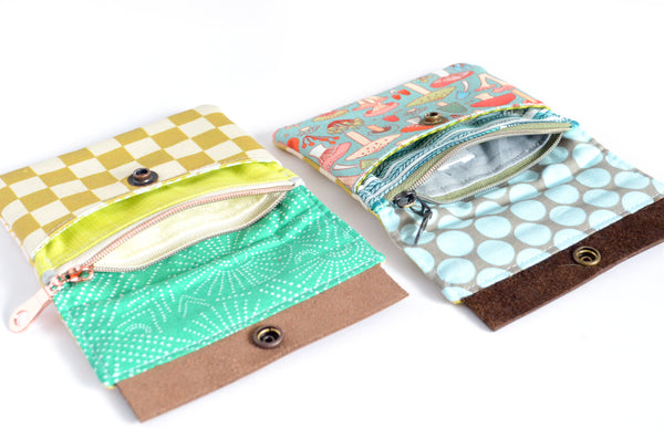Green Checker Mushroom Floral Mini Leather Snap Wallet