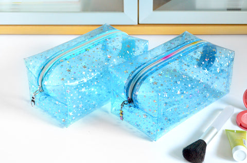 *Clear Vinyl* Blue Holographic Stars Toiletry Bag
