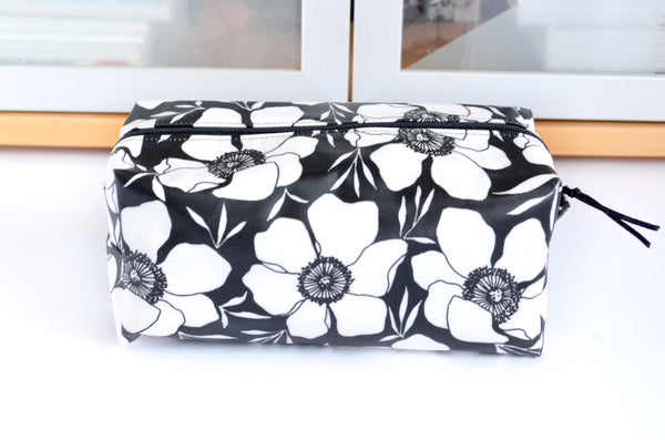 Black & White Floral Laminated Boxy Toiletry Bag