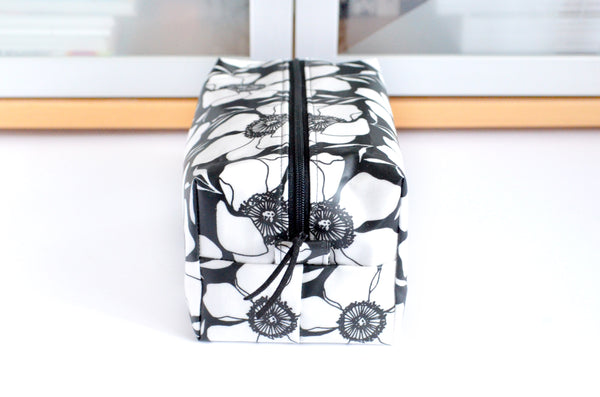 Black & White Floral Laminated Boxy Toiletry Bag