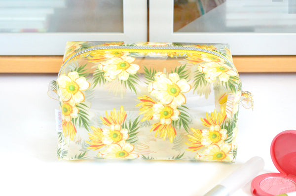 *Clear Vinyl* Yellow Tropical Floral Boxy Toiletry Bag