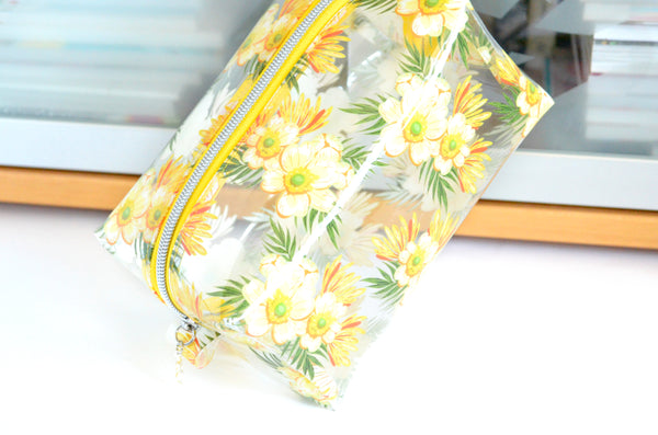 *Clear Vinyl* Yellow Tropical Floral Boxy Toiletry Bag