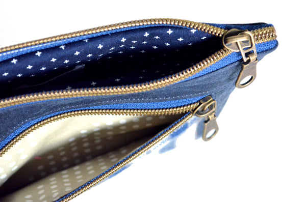 Waxed Canvas Navy & Gold Plaid Double-Zip Wristlet