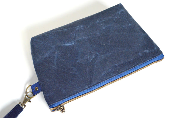 Waxed Canvas Navy & Gold Plaid Double-Zip Wristlet