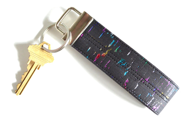 Black Metallic Rainbow Cork Leather Keychain