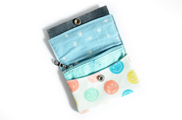 Blue Smiley Mini Leather Snap Wallet