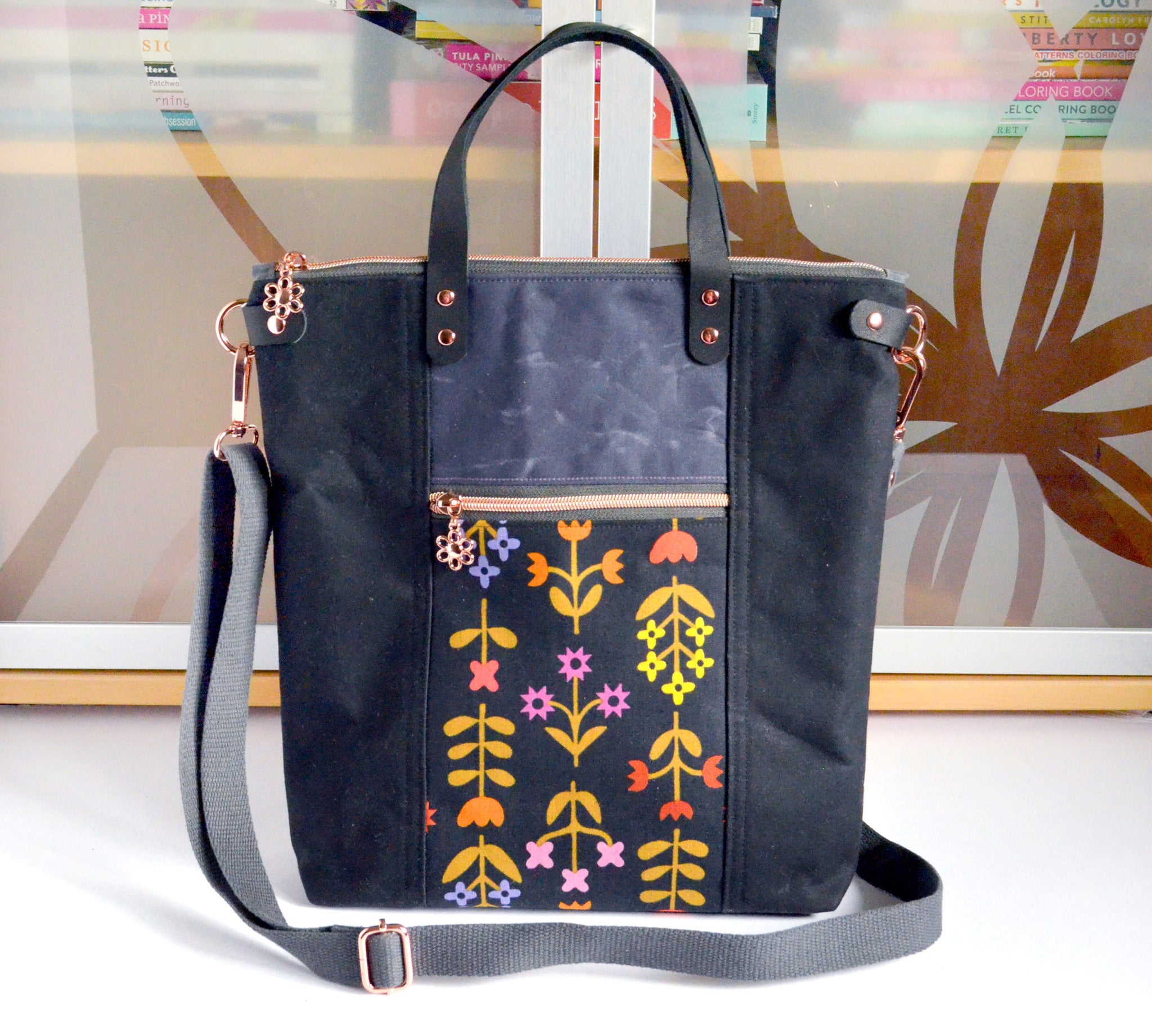 Black Favourite Flowers Crossbody Tote Bag