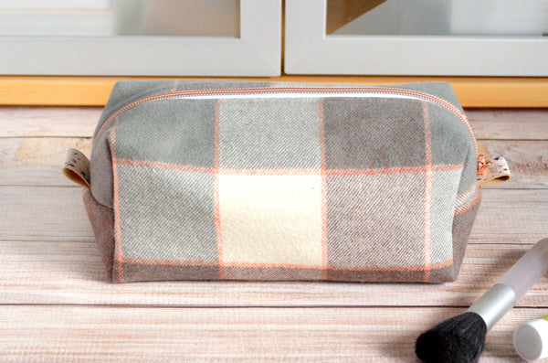 Grey & Pink Plaid Flannel Boxy Toiletry Bag