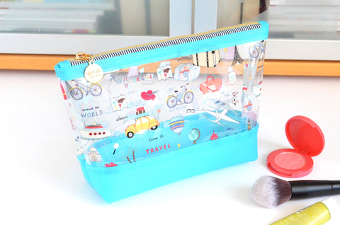 Blue Travel Time *Clear & Jelly Vinyl* Cosmetic Bag