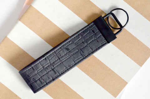 Black Faux-Croc Cork Leather Keychain
