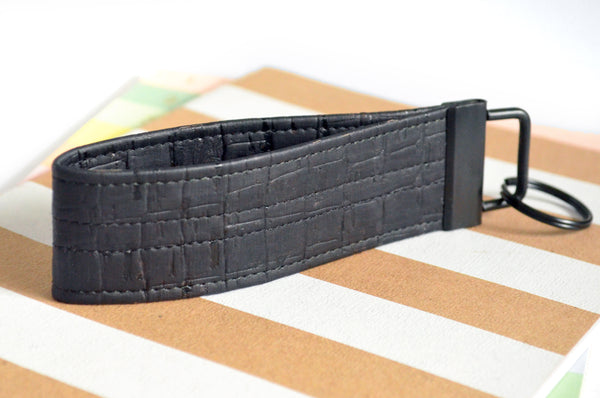 Black Faux-Croc Cork Leather Keychain
