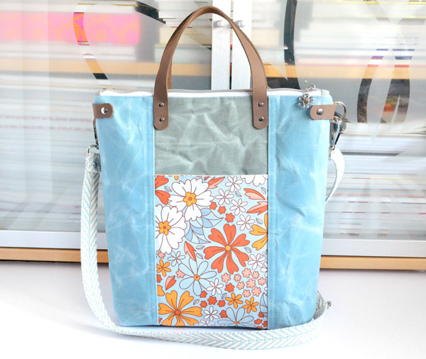 Blue & White Floral Crossbody Tote Bag
