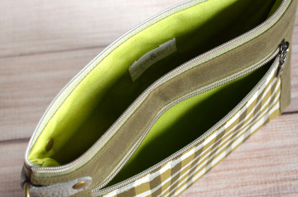 Olive Plaid Double-Zip Wristlet
