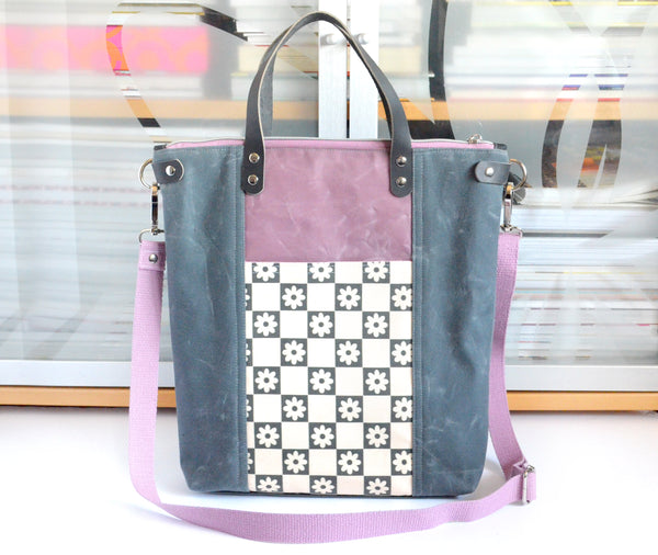 Purple Daisy Checker Crossbody Tote Bag