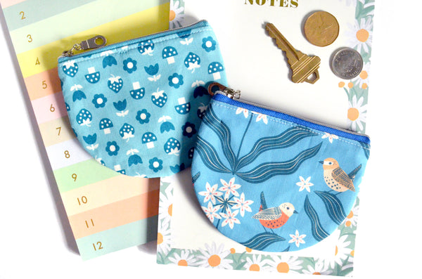 Blue Mushroom Strawberry & Bird Round Coin Purse