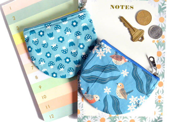 Blue Mushroom Strawberry & Bird Round Coin Purse