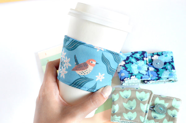 Blue Floral Bird Coffee Sleeve
