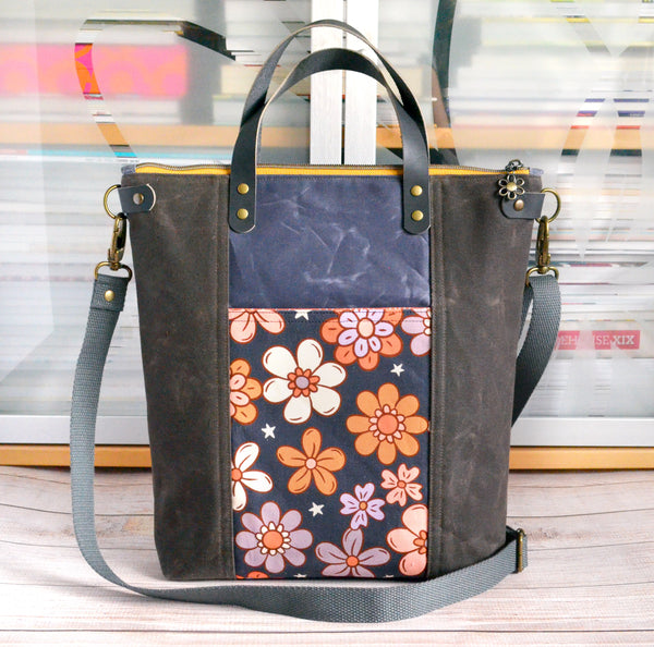 Grey Retro Floral Crossbody Tote Bag