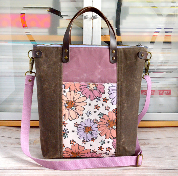 Light Purple Retro Floral Crossbody Tote Bag