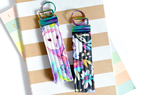 Purple Owl & Watercolour Floral Fabric Keychain