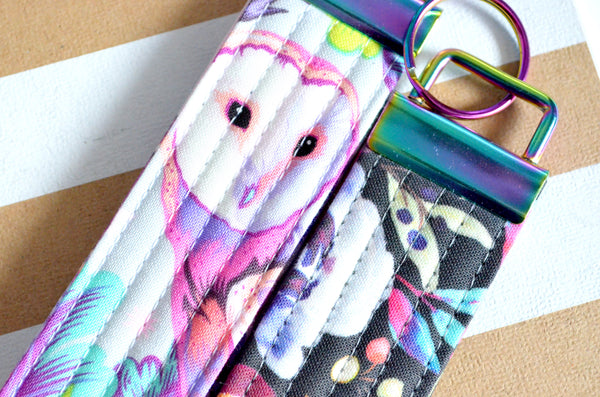 Purple Owl & Watercolour Floral Fabric Keychain