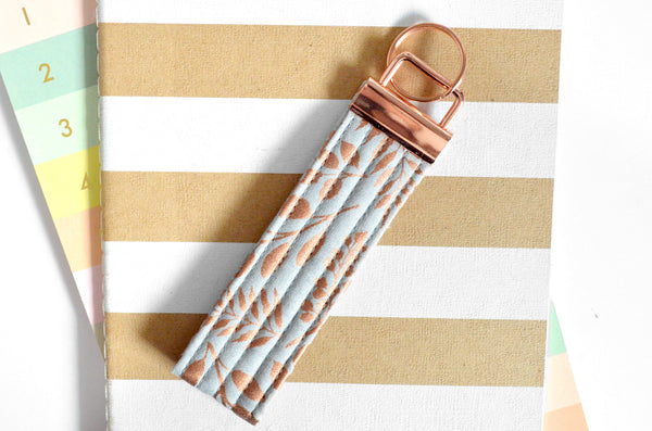 Grey & Rose-Gold Floral Fabric Keychain