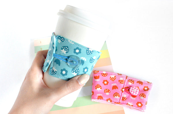 Blue & Pink Mushroom Strawberry Coffee Sleeve
