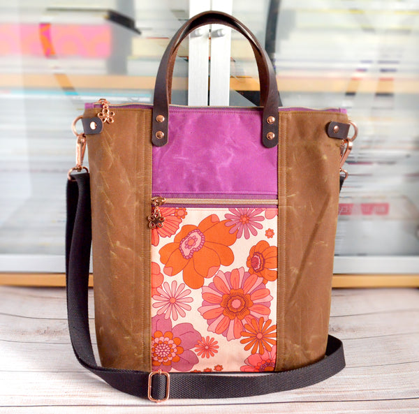 Purple & Orange Retro Floral Crossbody Tote Bag