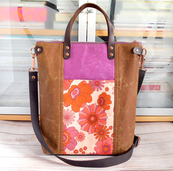 Purple & Orange Retro Floral Crossbody Tote Bag