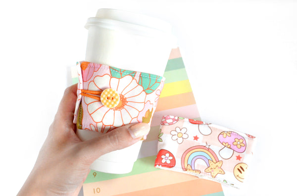 Pink Retro Mushroom Floral Coffee Sleeve