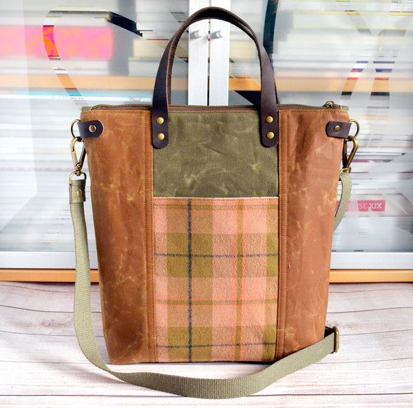 Olive Plaid Flannel Crossbody Tote Bag