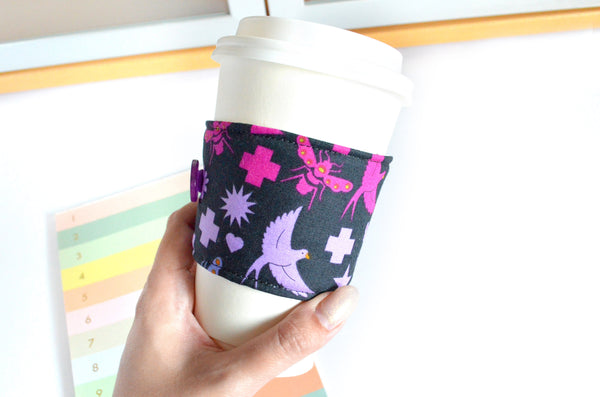 Purple Birds & Bees Coffee Sleeve
