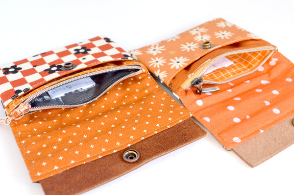 Rust Checker & Floral Mini Leather Snap Wallet