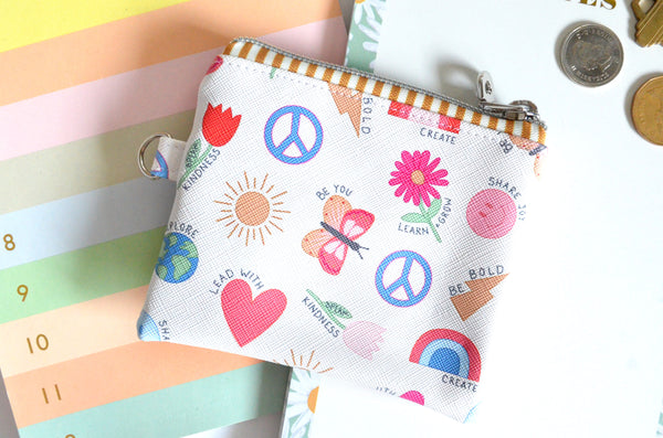 Pink Daisy & White Icon Faux-Leather Coin Purse