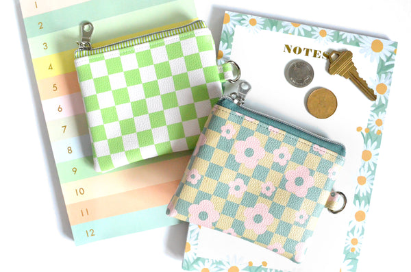 Green Checker Faux-Leather Coin Purse