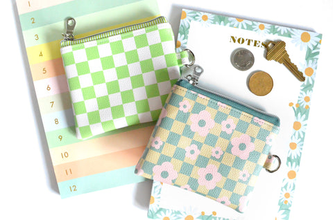 Green Checker Faux-Leather Coin Purse