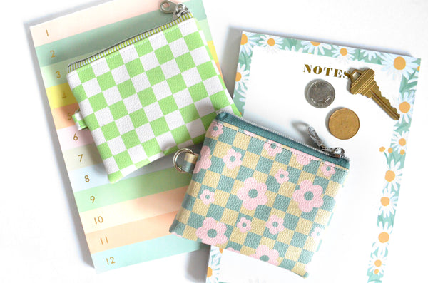 Green Checker Faux-Leather Coin Purse