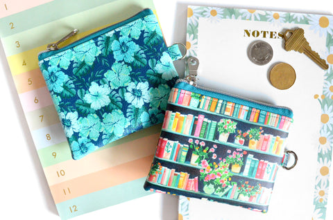 Blue Floral Bookshelf Faux-Leather Coin Purse