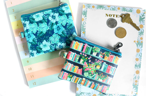 Blue Floral Bookshelf Faux-Leather Coin Purse