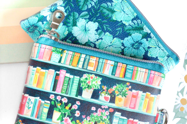 Blue Floral Bookshelf Faux-Leather Coin Purse