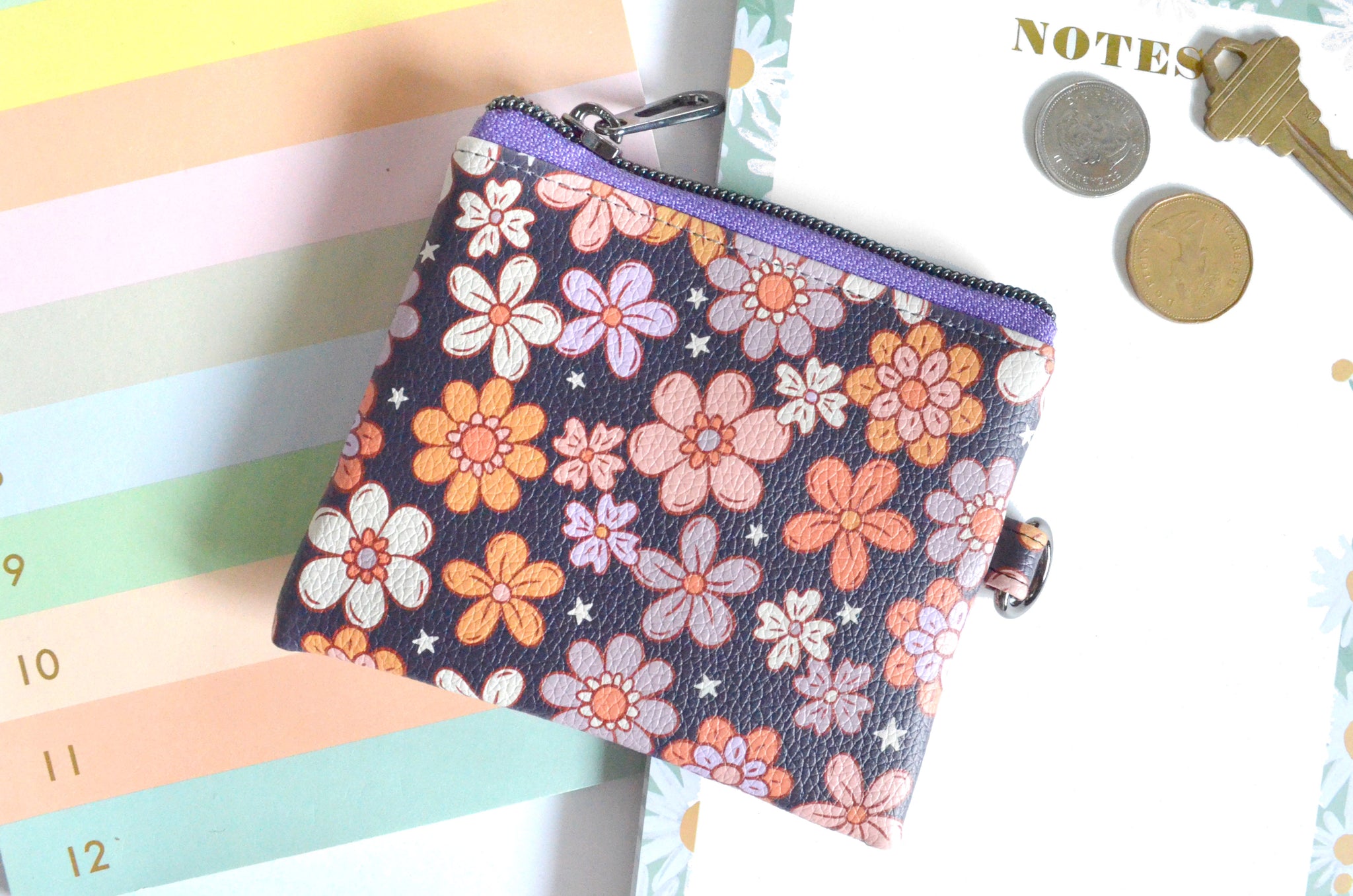 Grey Retro Floral Faux-Leather Coin Purse