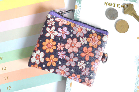 Grey Retro Floral Faux-Leather Coin Purse
