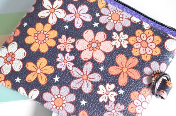 Grey Retro Floral Faux-Leather Coin Purse