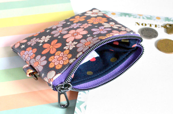 Grey Retro Floral Faux-Leather Coin Purse
