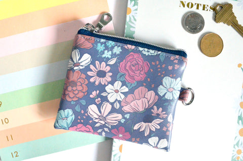 Dusty Blue Floral Faux-Leather Coin Purse