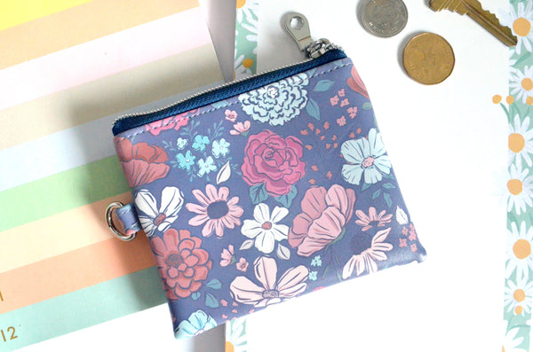 Dusty Blue Floral Faux-Leather Coin Purse